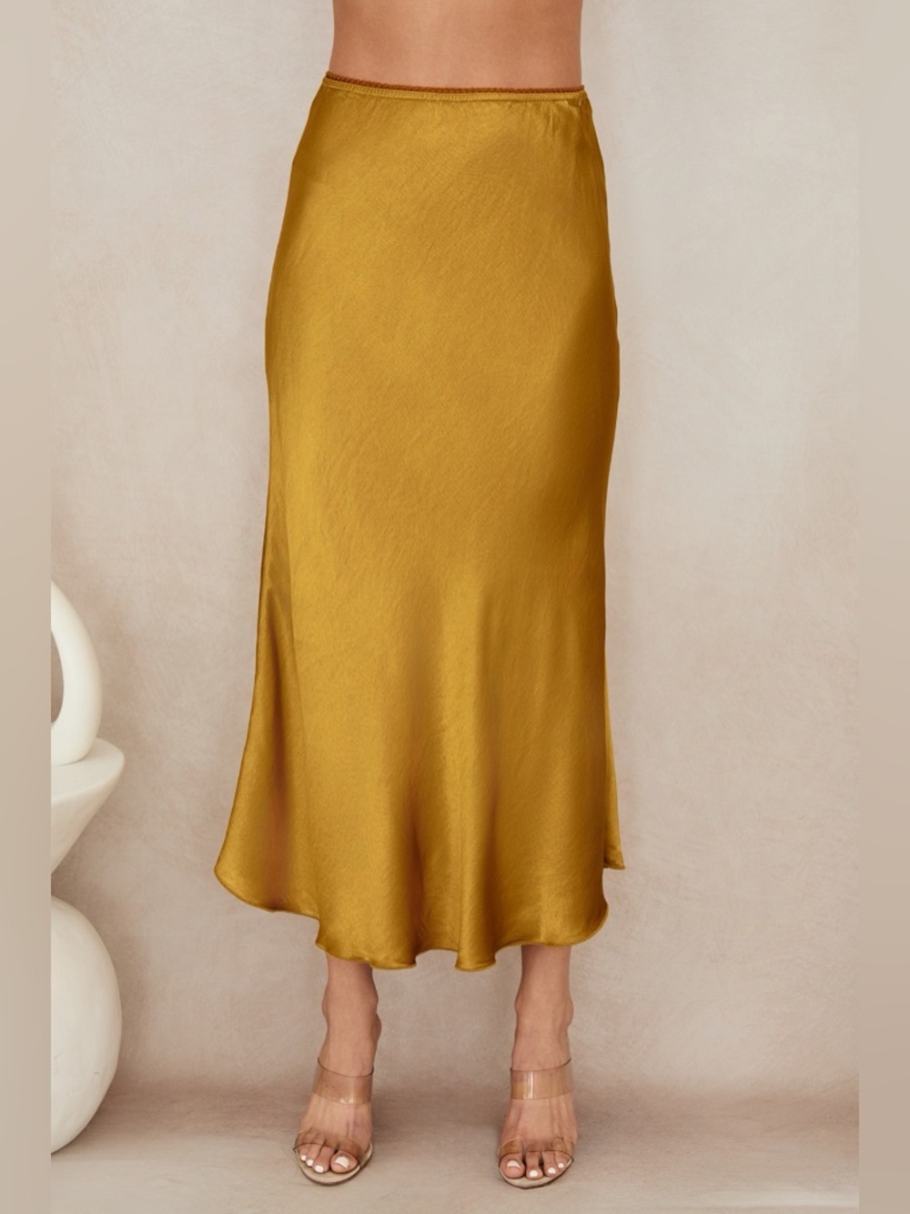 (9298/235110-MUST) SOLID ELASTIC LACE TRIM WAIST SILKY VISCOSE MAXI SKIRT